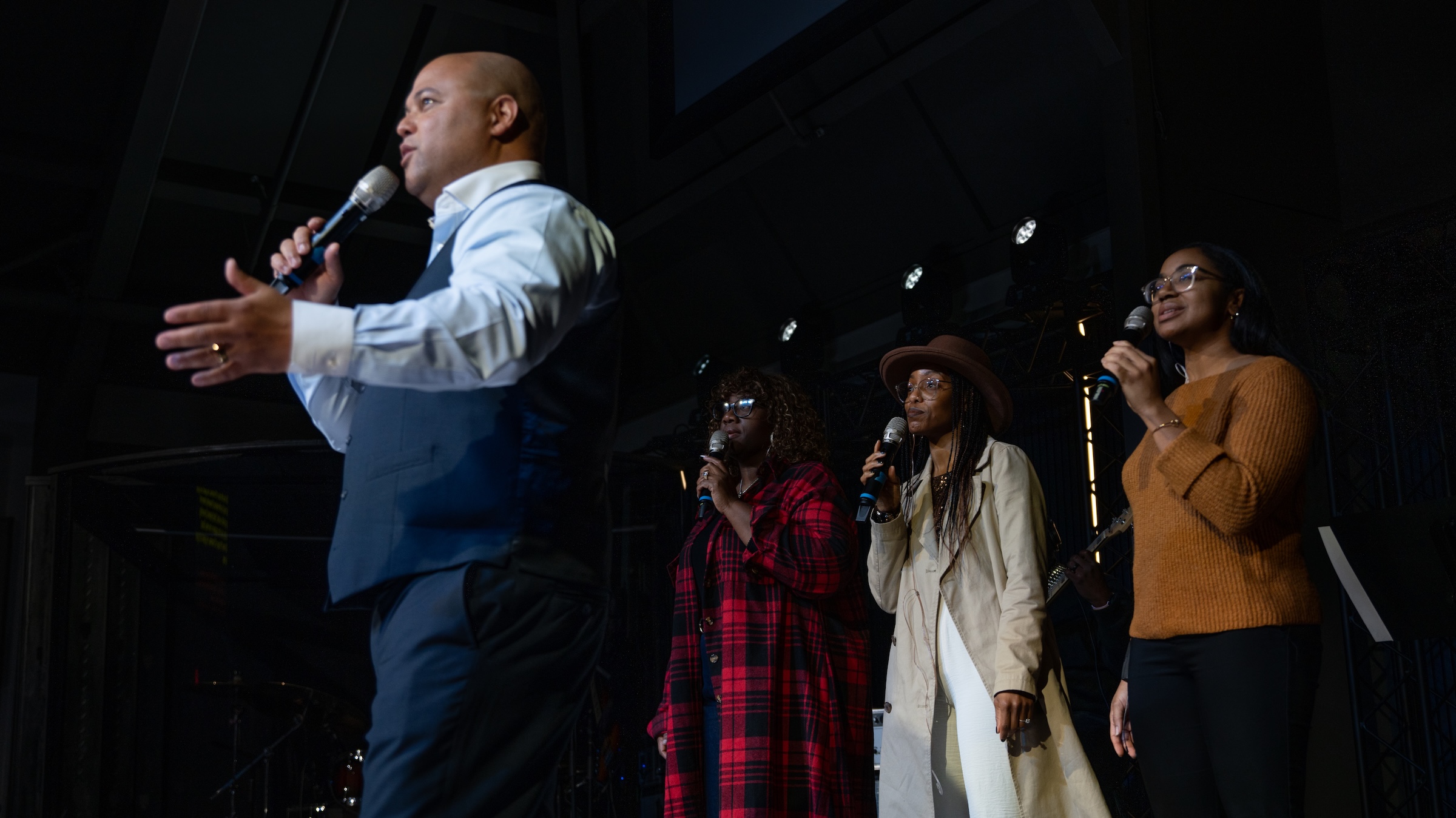 Pastor and worship team at Lineage Church